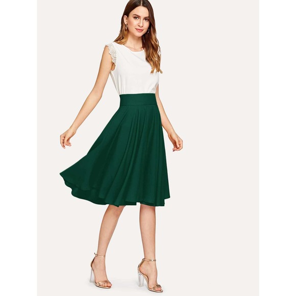 High Rise Wide Waistband Circle Skirt Minimalist Business Casual dark green - Picture 1 of 11